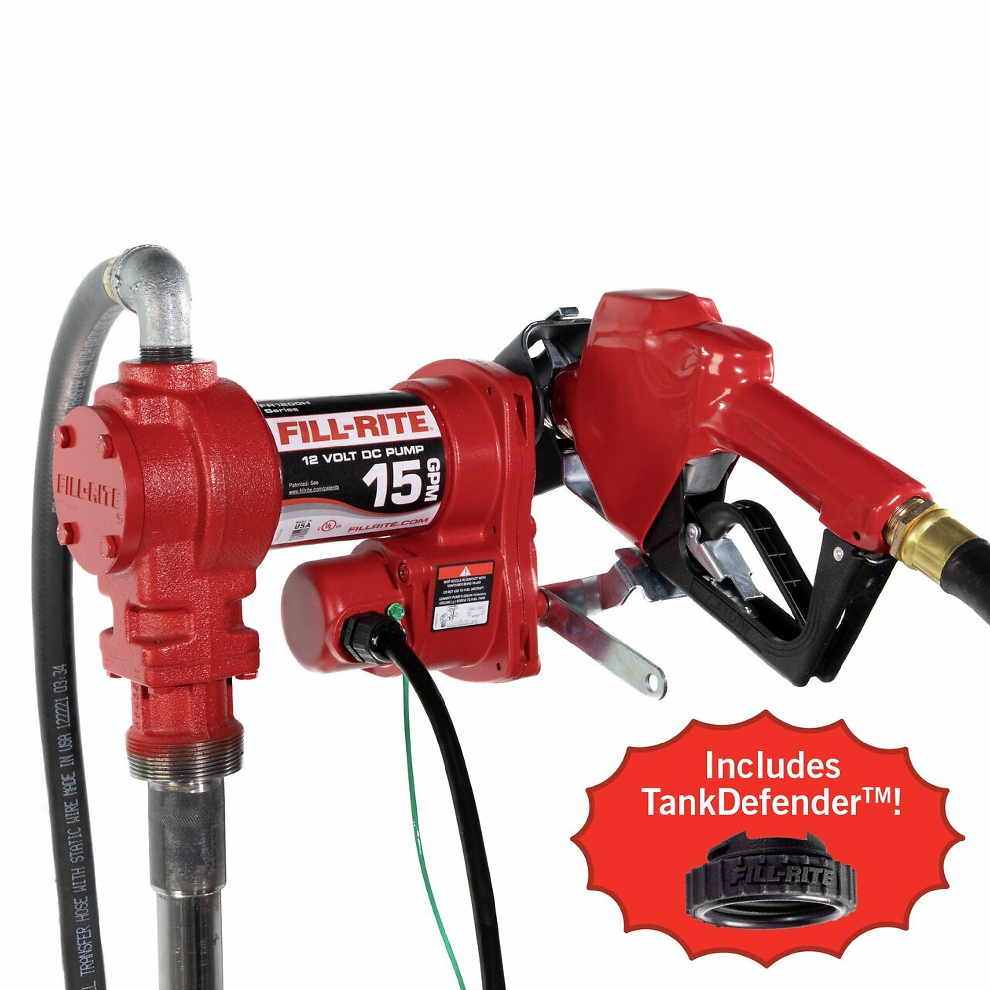 Fill-Rite 12V DC Fuel Transfer Pump — 15 GPM, Auto Nozzle, TankDefender, Model# FR1210HATKD